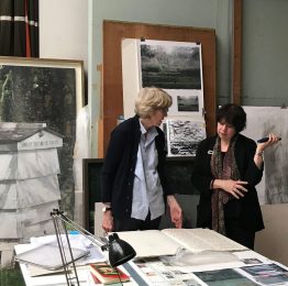 Eileen Hogan (left) discussing her work with Elisabeth Fairman (right) in the artist’s London studio (Credit: Sarah Davidowitz)